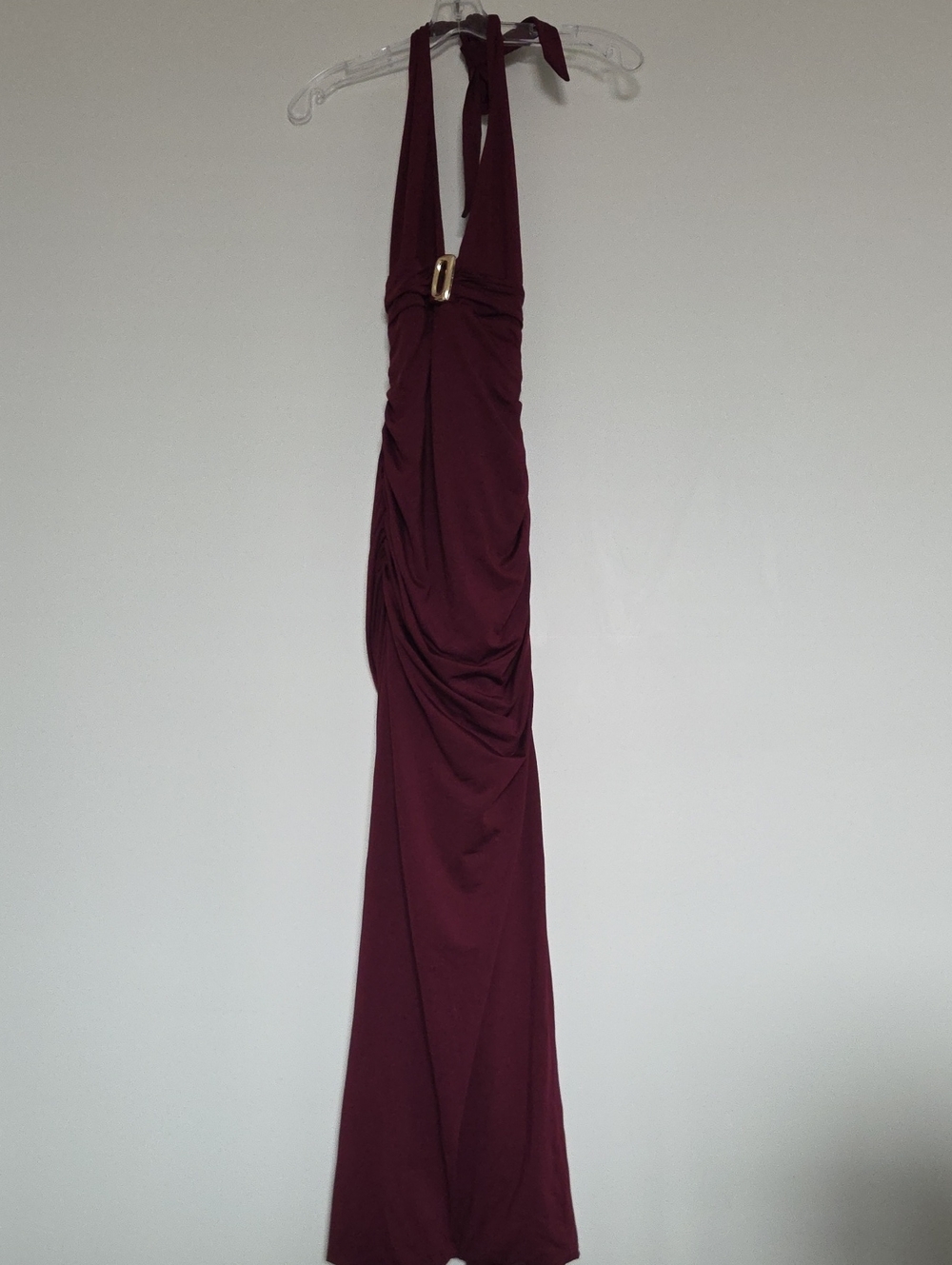 Princess Polly Burgundy Halter Maxi Dress with Gold Buckle